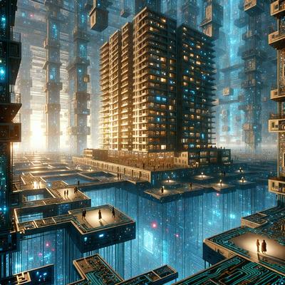 The primary subject of the image is a futuristic cityscape with a large building in the background. The setting is a digital art environment, featuring a complex network of interconnected structures. The visual style is a combination of photo and digital art, creating a unique and intricate scene. The colors and mood of the image are predominantly blue, giving it a cool and futuristic atmosphere.